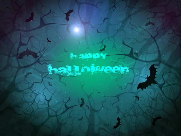 Texto Creativo Feliz Halloween Sobre Fondo Espeluznante Con Murciélagos Voladores — Vector de stock