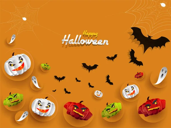 Feliz Fundo Halloween Decorado Com Abóboras Assustadoras Coloridas Morcegos Voadores —  Vetores de Stock