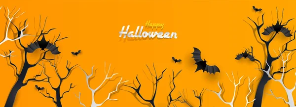 Feliz Halloween Encabezado Banner Diseño Decorado Con Árboles Espeluznantes Murciélagos — Vector de stock