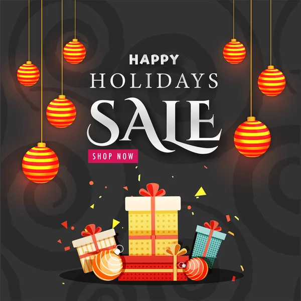 Happy Holidays Sale Poster Template Gift Boxes Decorative Hanging Baubles — Stock Vector
