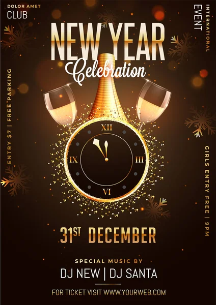 Año Nuevo Diseño Plantilla Celebración Con Reloj Pared Botella Champán — Vector de stock