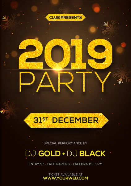 Yellow Grunge Text 2019 Party Blurred Brown Background New Year — Stock Vector