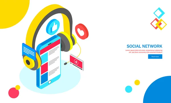 Social Network Concept Based Responsive Web Template Design Smartphone Isometrico — Vettoriale Stock