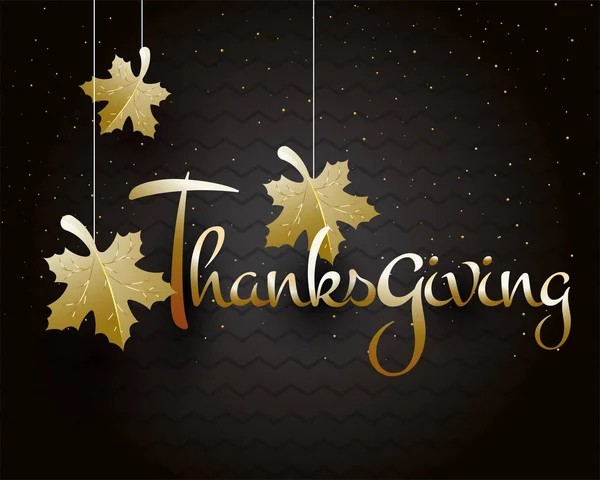 Glimmend Bruin Belettering Thanksgiving Met Hangende Herfst Bladeren Zwarte Achtergrond — Stockvector