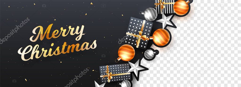 Merry Christmas header or banner design decorated with festival elements on black background with space of your product image.