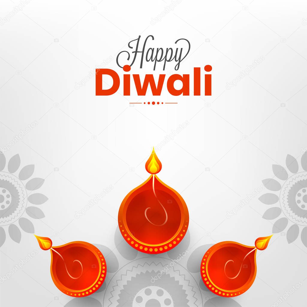 Happy Diwali greeting card design, top view of illuminated oil lamps on white background for celebration concept.