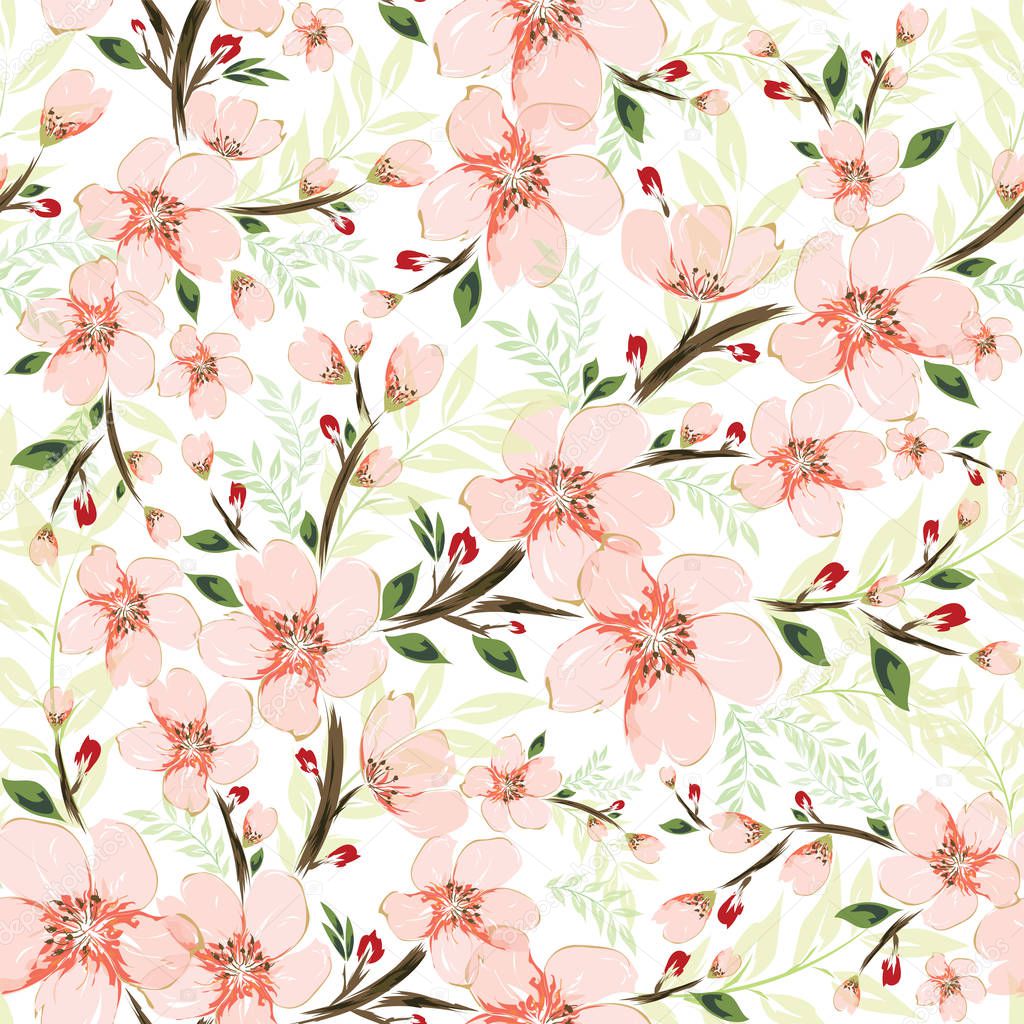 Vector botanical seamless pattern background decorated with pink flowers and buds.