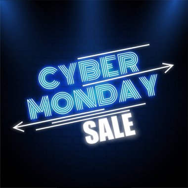 Reklam kavramı için parlak mavi arka plan üzerinde yaratıcı neon metin Cyber Pazartesi Satılık.