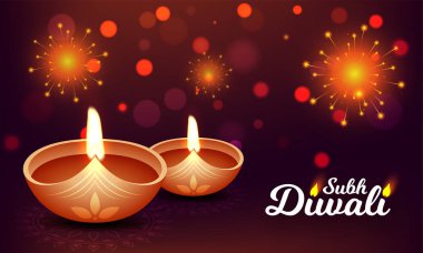 Ünal (mutlu) Diwali tebrik kartı tasarımı için bokeh arka plan aydınlatılmış gerçekçi kandil.