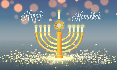 Happy Hanukkah poster or greeting card design with traditional candelabrum on glossy blurred background. clipart