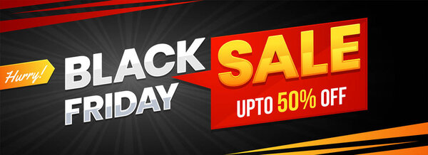 Upto 50% discount offer for Black Friday Sale. Website banner or header design.