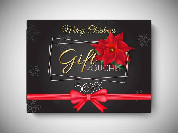 Merry Christmas Gift Voucher Met Kortingsaanbieding Bloemen Glimmend Rood Lint — Stockvector