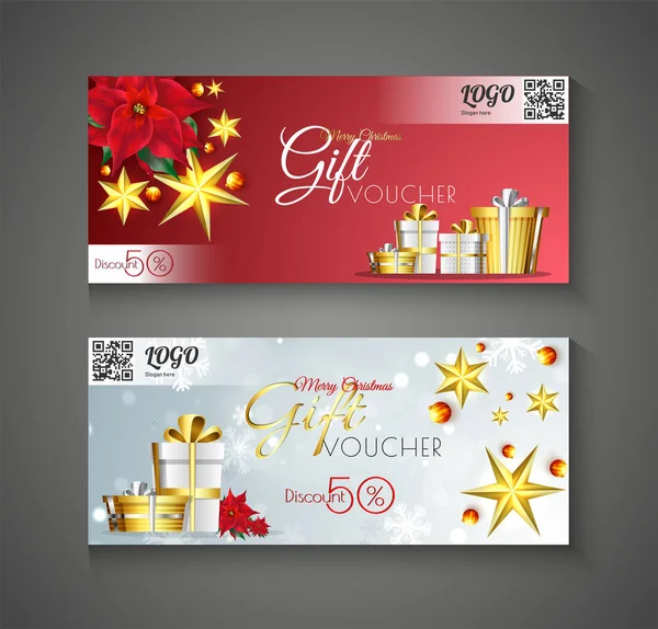 Voucher Presente Natal Com Desconto Oferta Flor Estrelas Douradas Caixas —  Vetores de Stock