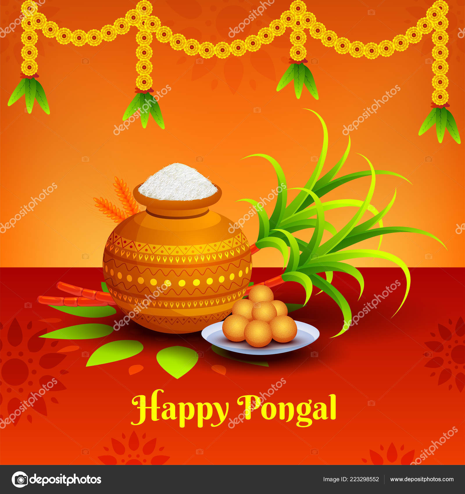 Happy Pongal Banner Poster Design Traditional Pot Sugarcane Sweets