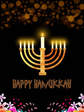 Traditional menorah (Candelabrum) on black background. Happy Hanukkah greeting card design. clipart