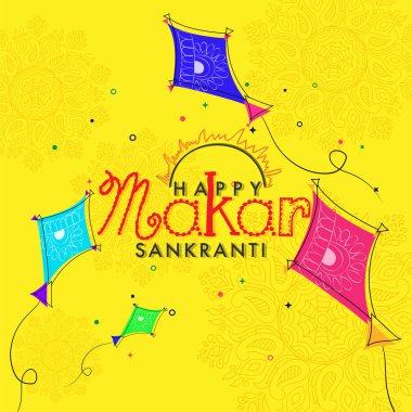 Sarı çiçek arka plan üzerinde uçurtma uçan doodle çizim ile mutlu Makar Sankranti tebrik kartı tasarımı.