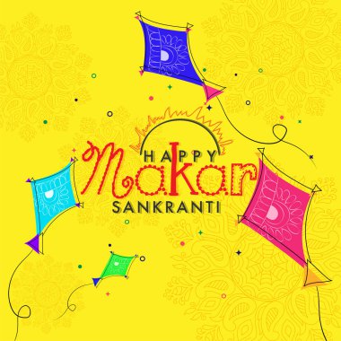 Happy Makar Sankranti greeting card design with doodle illustration of flying kites on yellow floral background. clipart