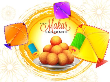 Mutlu makar Sankranti tebrik kartı tasarımı ile Hint tatlı, renkli uçurtma ve biriktirme çizimi.