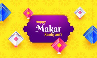 Renkli uçurtma üzerinde sarı çiçek arka plan asmak. Mutlu Makar Sankranti festival tebrik kartı tasarımı. 