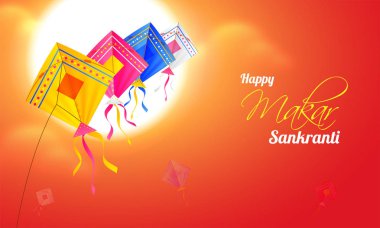 Mutlu Makar Sankranti kutlama, renkli uçurtma uçan güneşli havalarda arka plan üzerinde gösterimi.