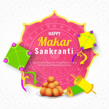 Template or greeting card design decorated with colorful kites, spools and Indian dessert on white seamless background. clipart