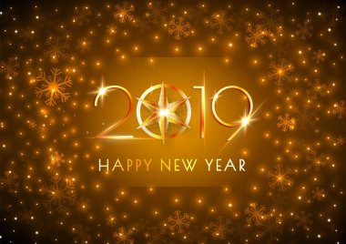 altın yıldız ve mutlu yeni yıl kutlama posteri veya başlığı tasarımı için aydınlatma arka plan üzerinde kar taneleri 2019 metin.