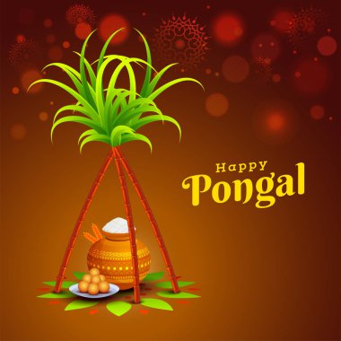 Geleneksel pot, şeker kamışı ve tatlılar Güney Hint Hasat Festivali, Mutlu Pongal kutlama için bulanık bokeh arka plan.