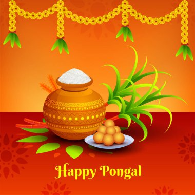 Mutlu Pongal başlık sayfası veya poster tasarımı geleneksel pot, şeker kamışı ve tatlılar parlak çiçek zemin üzerine çiçek çelenk ile dekore edilmiştir..