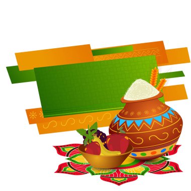Şablon veya el ilanı tasarımı geleneksel pot ve metin alanı olan beyaz arka plan üzerinde meyve ile. Mutlu Pongal kutlamalar arka plan.