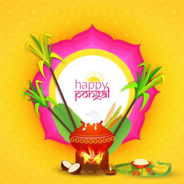 Güneyde Hint Hasat Festivali, geleneksel tencere ve sarı zemin üzerine dini teklifleri ile mutlu Pongal kutlama poster tasarımı.