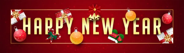 新年あけましておめでとうございます ギフト ボックス 赤の背景につまらないものなどお祭り要素の金のレタリングとのウェブサイトのヘッダーやバナー デザイン — ストックベクタ