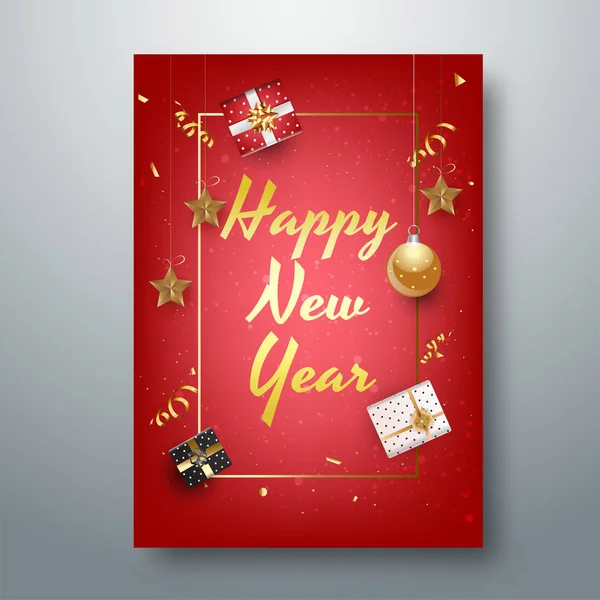 Golden Lettering Happy New Year Stars Gift Boxes Red Background — Stock Vector