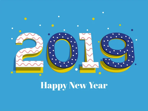青い背景に紙テキスト 2019 を装飾されています 新年あけましておめでとうございますお祝いのグリーティング カード デザイン — ストックベクタ