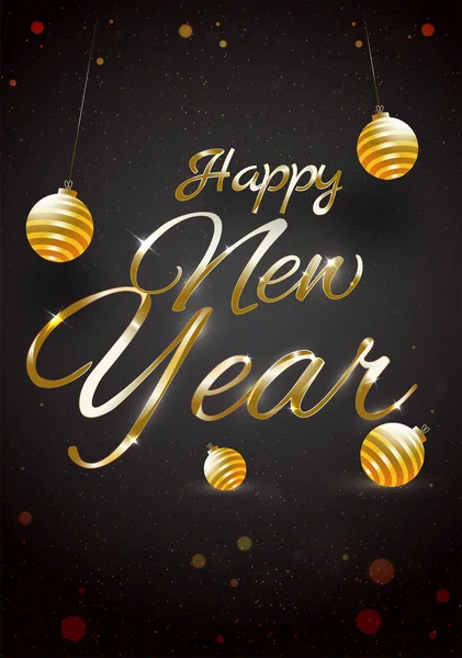 Fényes Arany Betűkkel Happy New Year Baubles Fekete Háttér 2019 — Stock Vector