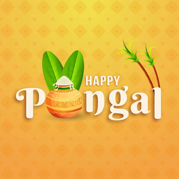 南インド祭りグリーティング カードのデザイン スタイリッシュな光沢のあるオレンジ色の花の背景に伝統的なポットと Pongal のレタリング — ストックベクタ