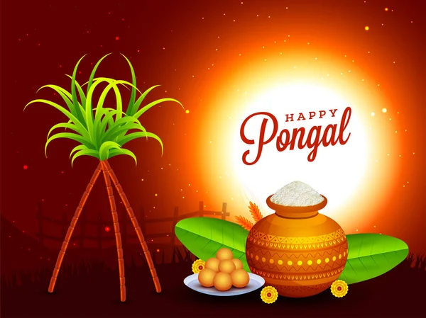 Happy Pongal Template Flyer Design Traditional Pot Banana Leaves Sugarcane — Stock Vector