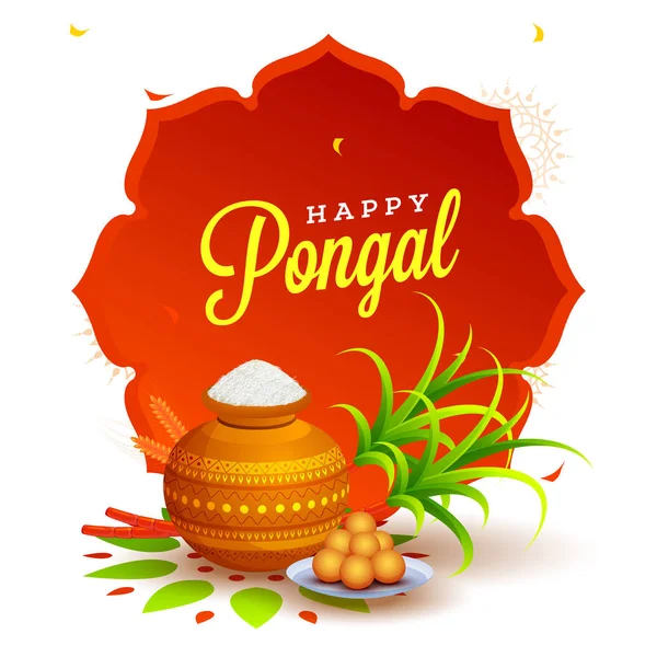 Happy Pongal Pozdrav Card Design Tradiční Hrnec Cukrové Třtiny Sladkosti — Stockový vektor