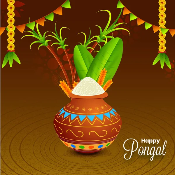 South Indian Harvest Festival Happy Pongal Celebrations Greeting Card Design — Stock Vector