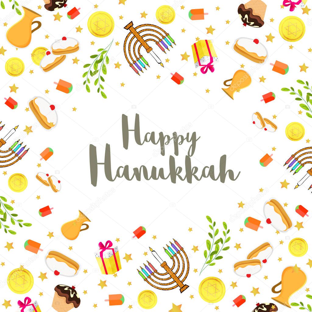 Happy Hanukkah festival background with decorated with food elements and candelabra for Jewish Holiday celebration.