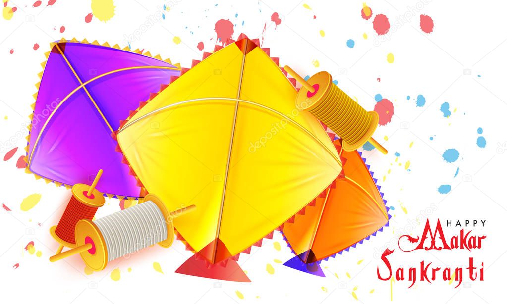 Realistic colorful kites and spool on paint spray background, poster or greeting card design for Makar Sankranti.