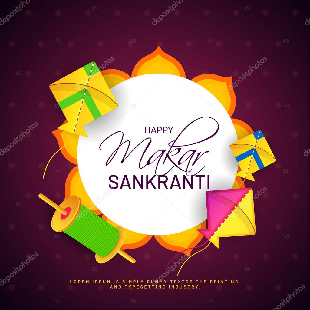 Festival celebration greeting card design decorated with kite and thread spool for Makar Sankranti festival.