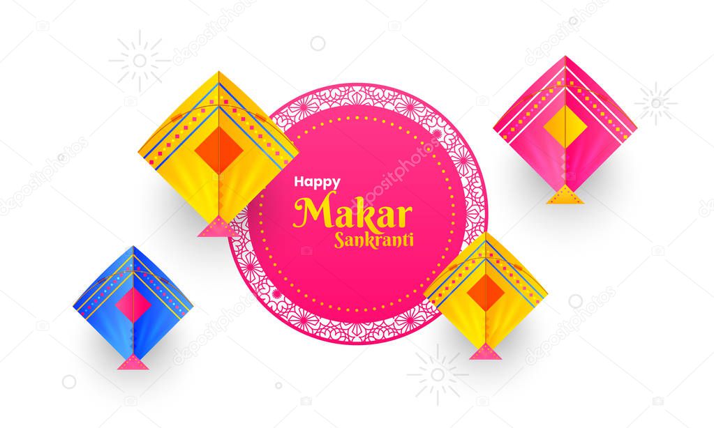 Happy Makar Sankranti celebration background decorated with colorful kites. Can be used as greeting card design.