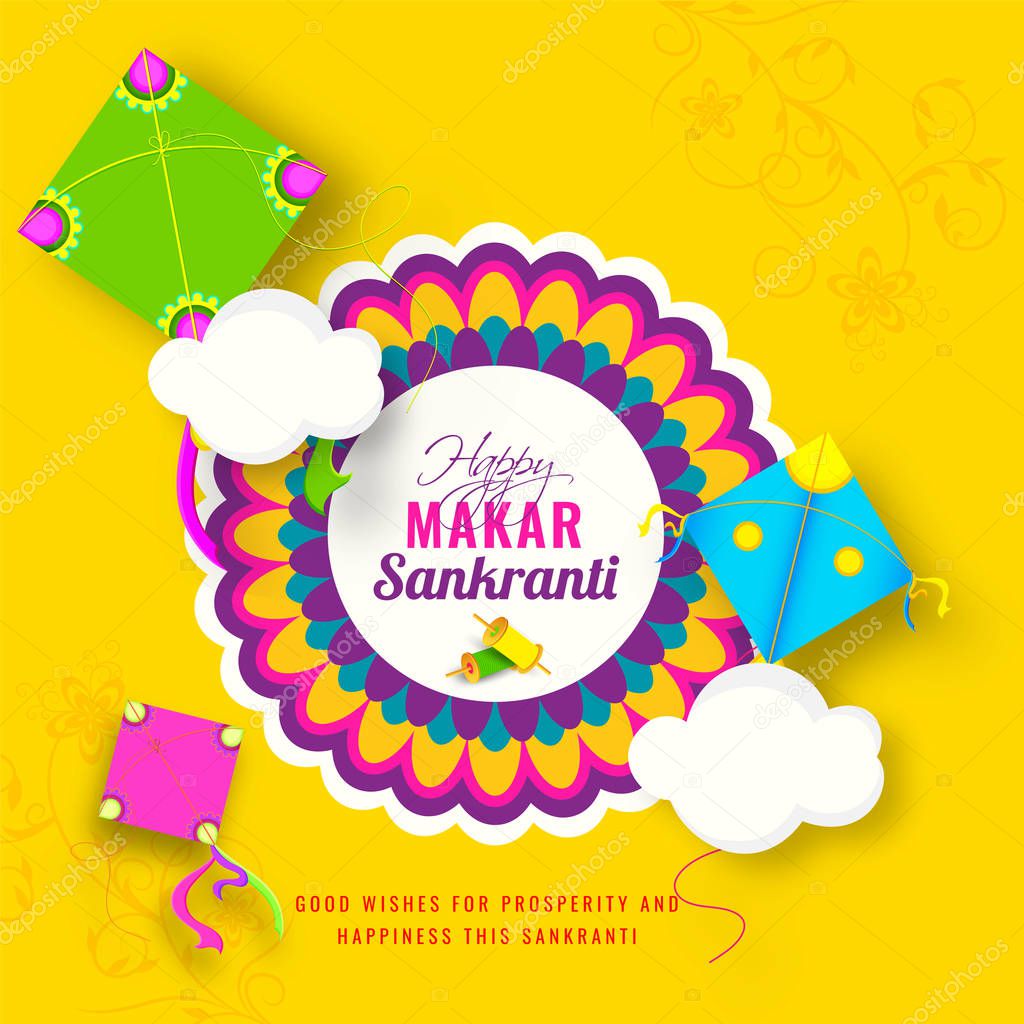 Yellow template or greeting card design with colorful kites for Makar Sankranti festival.