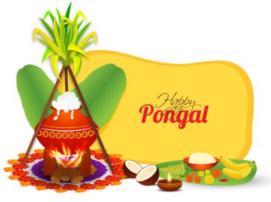 Güneyde Hint Hasat Festivali kutlama posteri veya başlığı geleneksel pot ve beyaz arka plan üzerinde dini teklifleri ile. Mutlu Pongal tebrik kartı tasarımı.