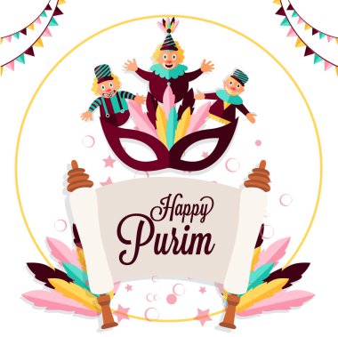 Mutlu Purim parti şablonu veya komik jesters ve maskeli resimde beyaz zemin üzerine tebrik kartı tasarımı.