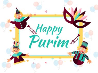Tebrik kartı tasarım komik jesters ve maskeli balo ile balon üzerinde mutlu Purim Yahudi tatil kutlaması için arka plan dekore edilmiştir..