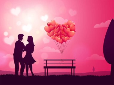 Valentine poster or greeting card design with young couple in love on heart decorated glossy pink background. clipart