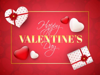 Şık metin mutlu sevgililer günü hediye kutuları ve kalp şekli balon üzerinde kırmızı arka plan ile. Tebrik kartı tasarımı kullanılabilir.