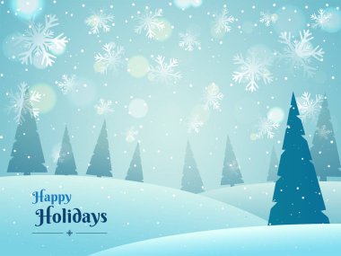 Kar tanesi arka plan Happy Holidays kutlama kavramı için Noel ağaçları ile süslenmiş. Tebrik kartı tasarımı olarak kullanılabilir.