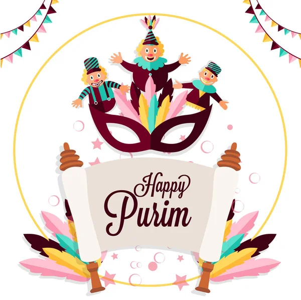 Mutlu Purim Parti Şablonu Veya Komik Jesters Maskeli Resimde Beyaz — Stok Vektör